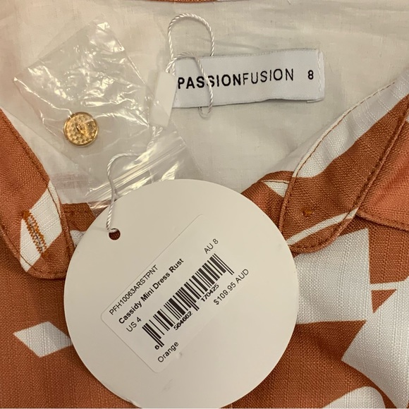 NWT Passion Fusion Tan Geometric Print Midi Shirt Dress w/ Puff Sleeves - Size 8 - Picture 6 of 7